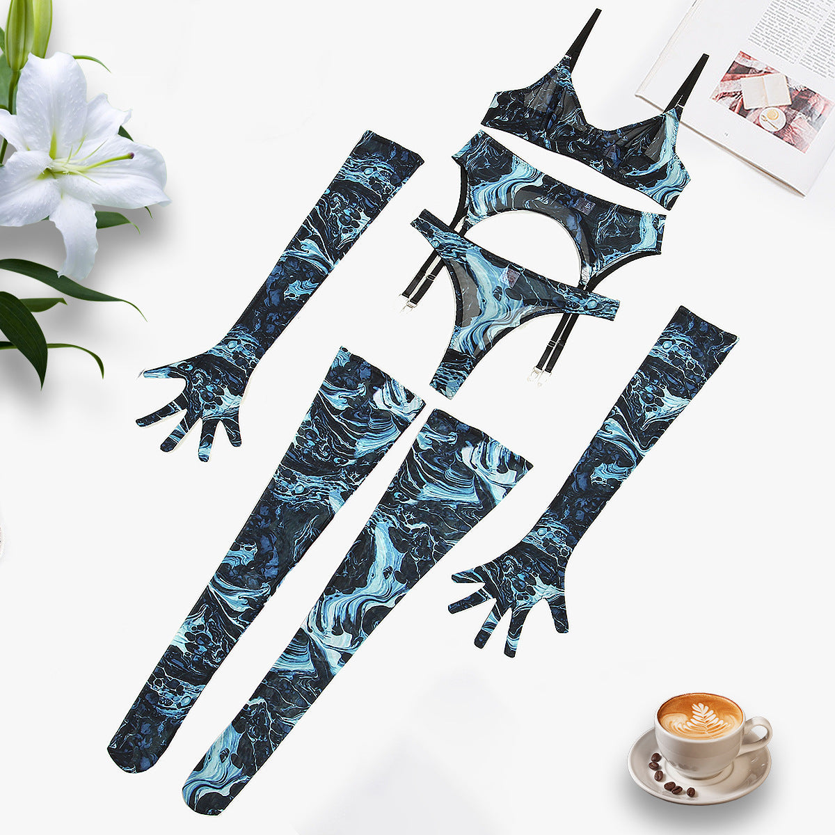 Tie-Dye Colorful Small Bust Gathering Mesh Sexy Lingerie Five-Piece Set for Women