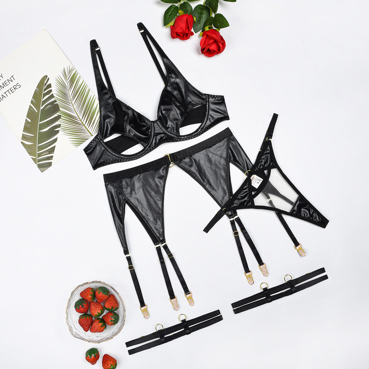 Hollow out backless transparent sexy lingerie garter belt four piece set