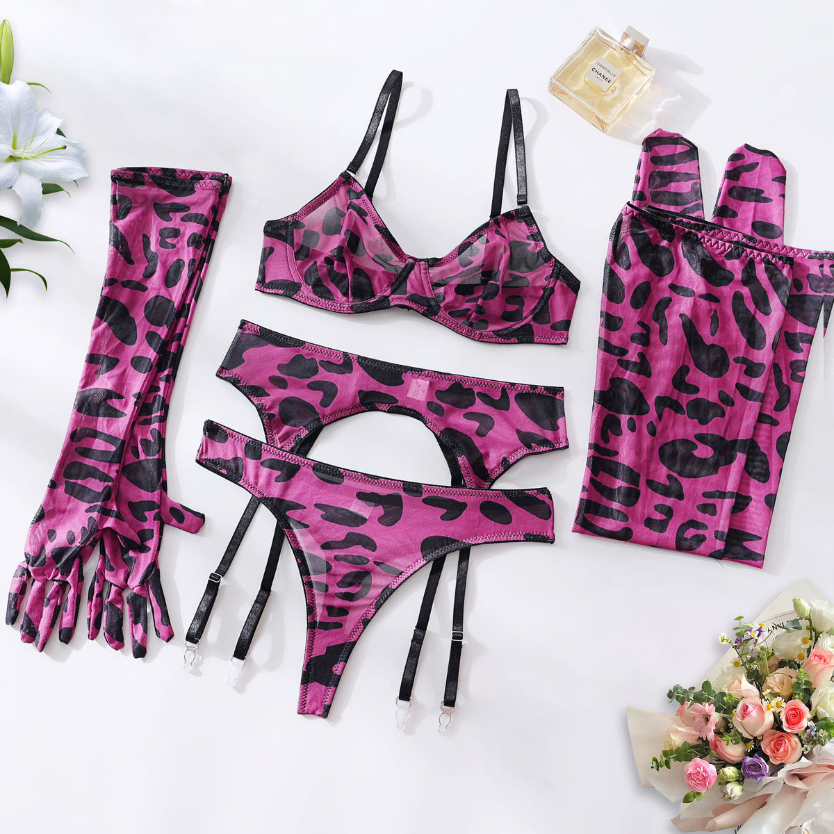 Tie-Dye Colorful Small Bust Gathering Mesh Sexy Lingerie Five-Piece Set for Women