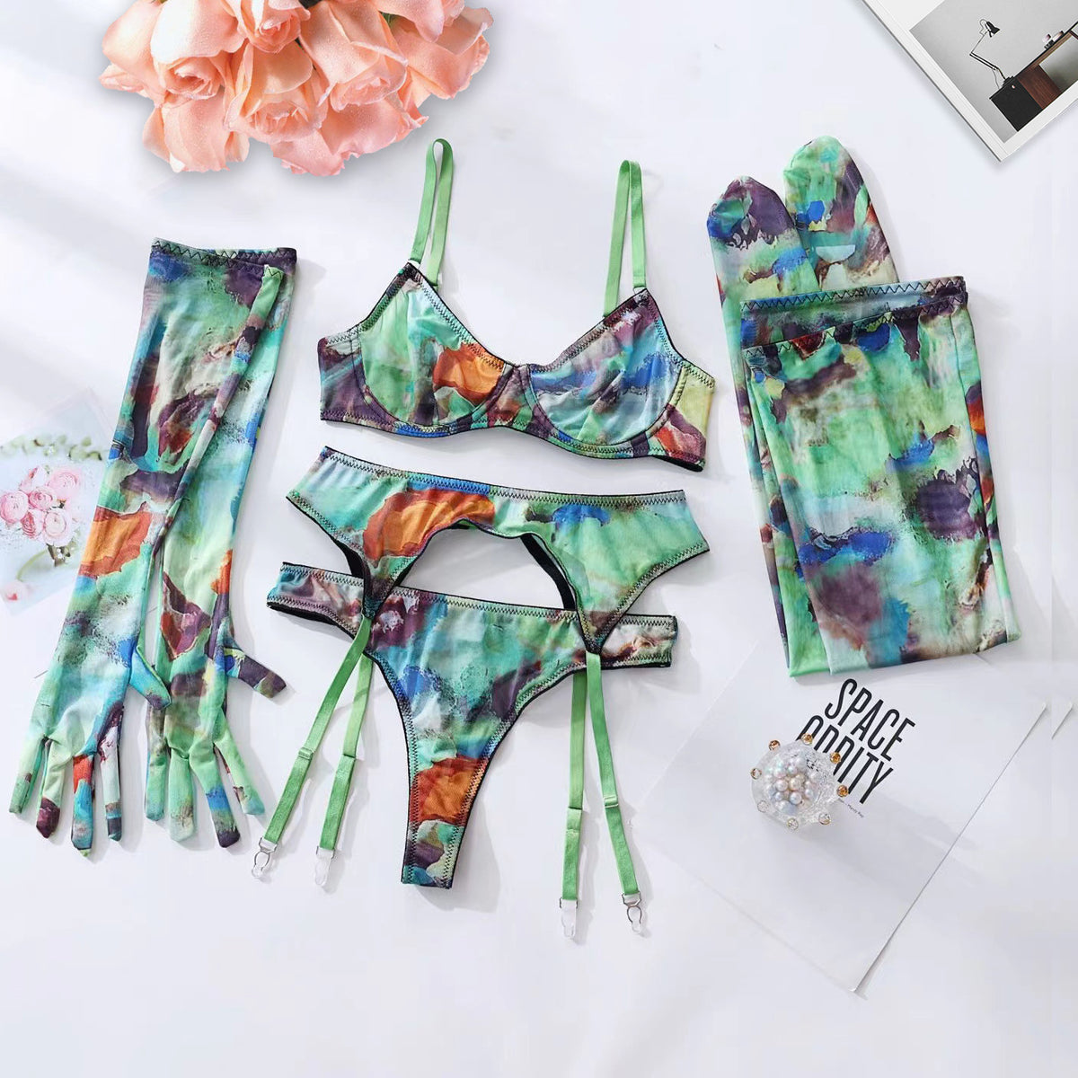 Tie-Dye Colorful Small Bust Gathering Mesh Sexy Lingerie Five-Piece Set for Women