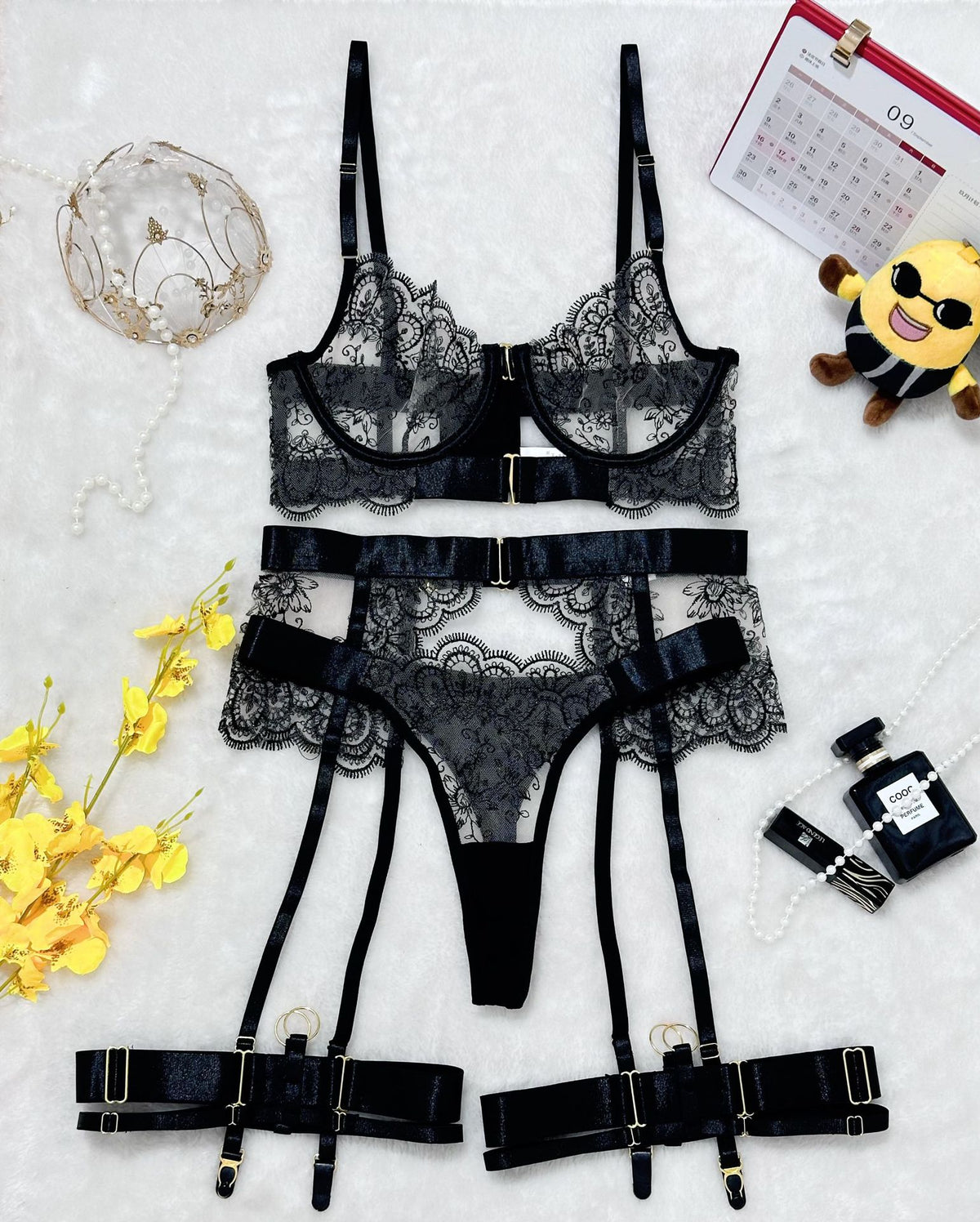 Transparent Heavy Embroidery Eyelash Lace Shaping Sexy Four-Piece Set for Women