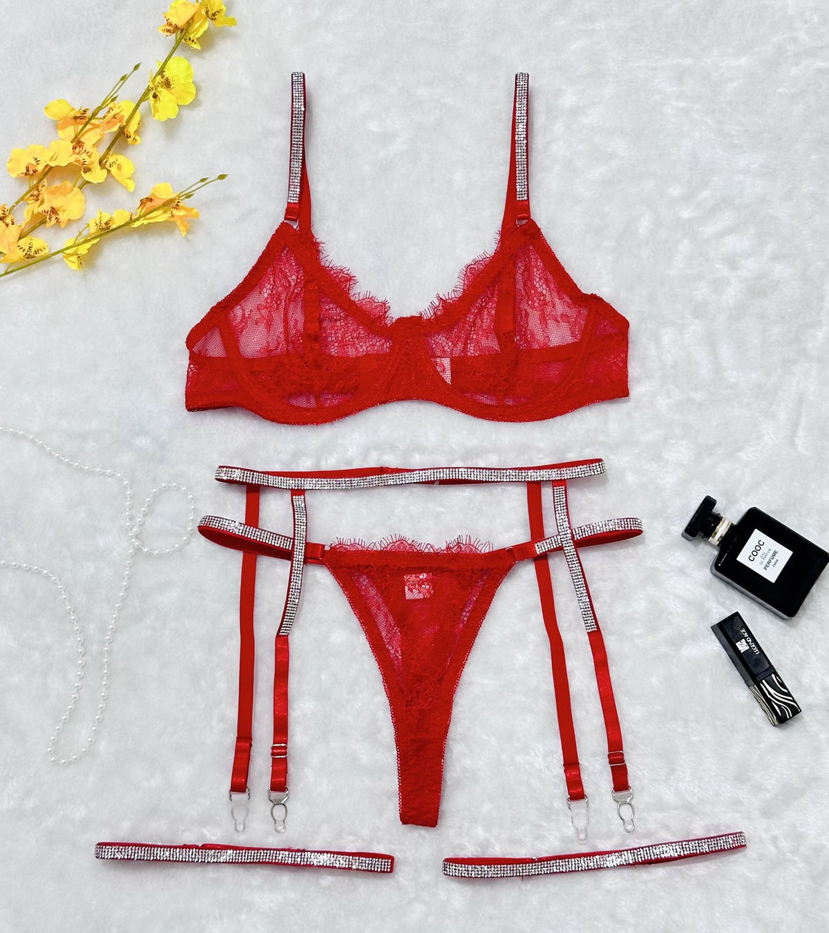 Cross-border Sexy Lingerie Lace Trim Rhinestone Transparent Thong Garter Belt Four-piece Set