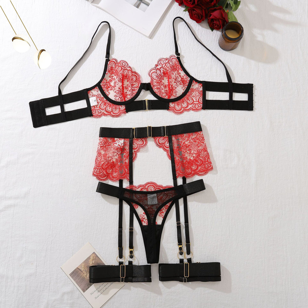 Transparent Heavy Embroidery Eyelash Lace Shaping Sexy Four-Piece Set for Women