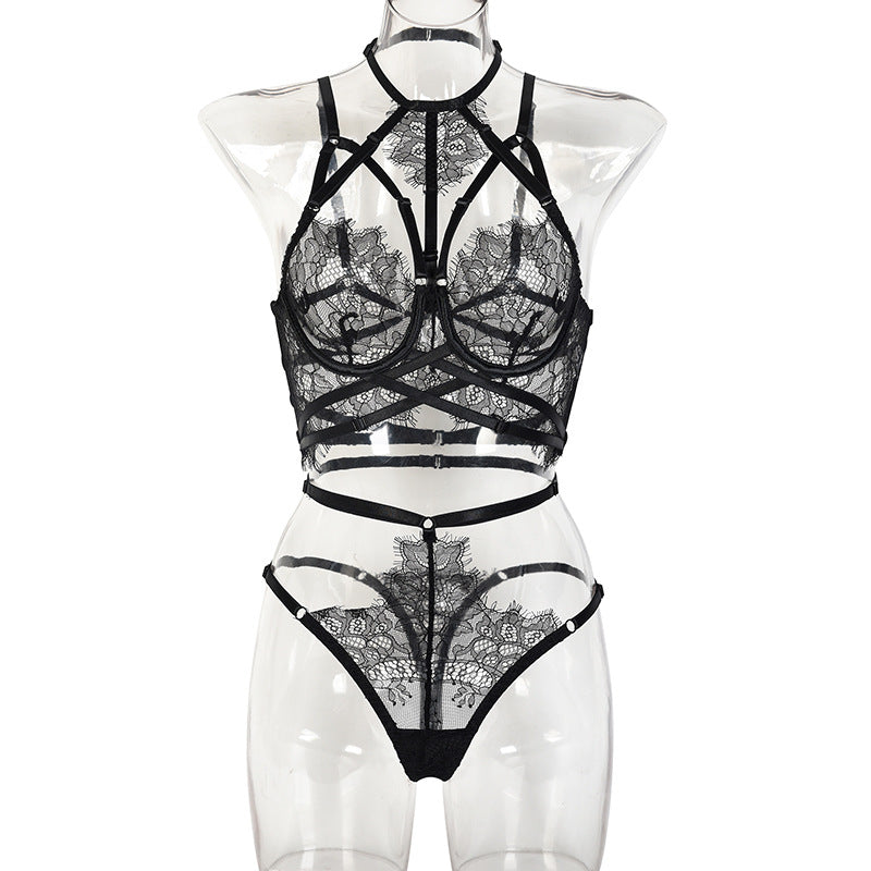 Black See-Through Lace Bra and Panty Set with Double Chest Lift Front View