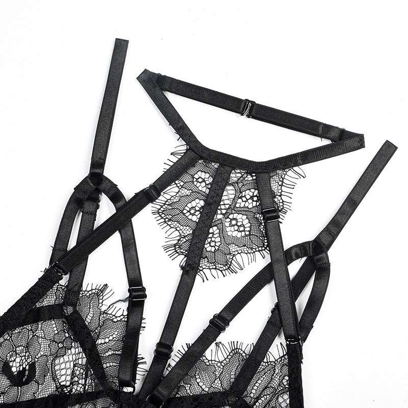 Black See-Through Lace Bra and Panty Set with Double Chest Lift Harter Details