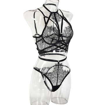 Black See-Through Lace Bra and Panty Set with Double Chest Lift Side View
