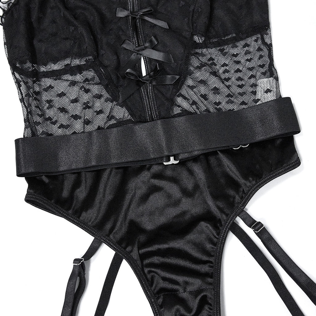 Elegant Garter Bodysuit with Love-Spotted Mesh Details