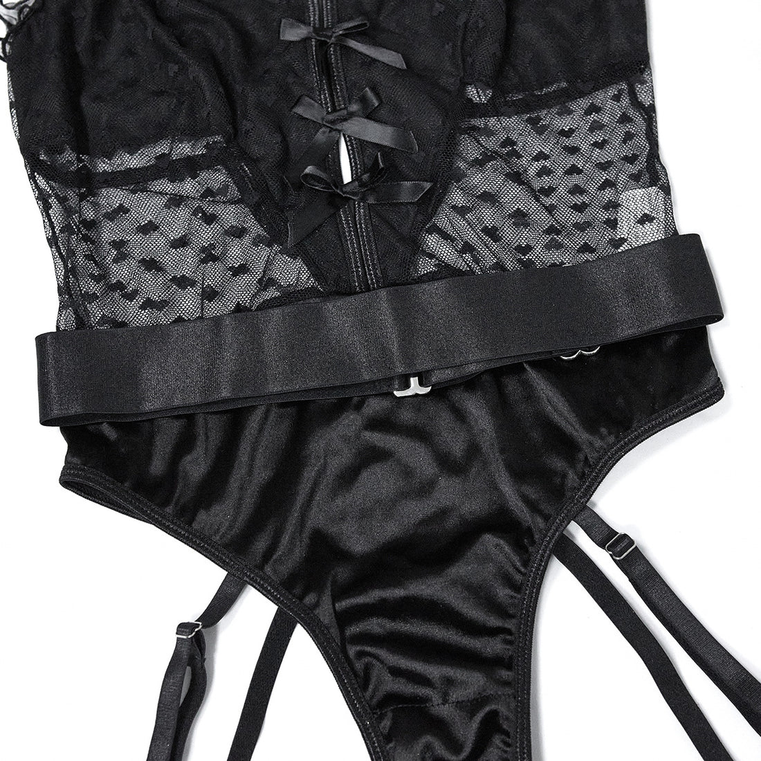 Elegant Garter Bodysuit with Love-Spotted Mesh Over View