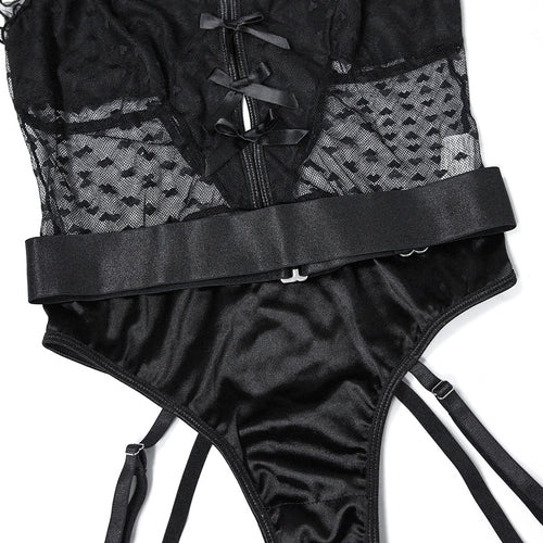 Elegant Garter Bodysuit with Love-Spotted Mesh Details