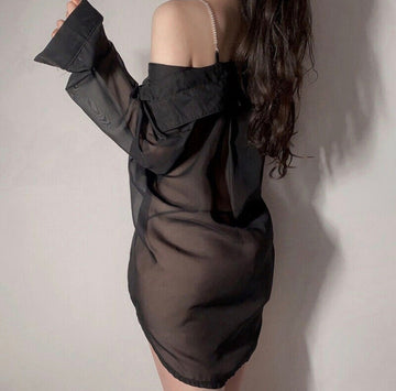 Sheer Black Button-Up Shirt & Thong Set for Women